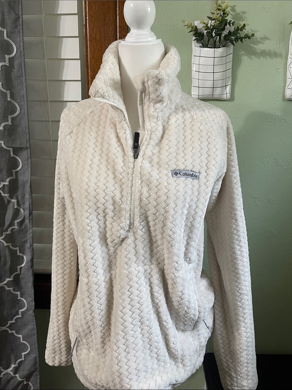 Columbia Fire Side II Sherpa Fleece Quarter Zip Pullover Cream Chevron Textured